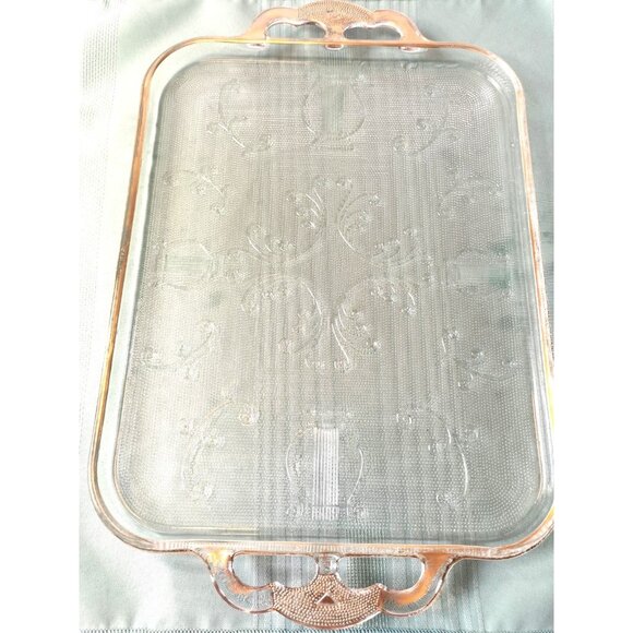 Jeannette Glass Tray Harp Textured Pressed Glass Gold Tinted Trim Vintage 1950s - Picture 1 of 10